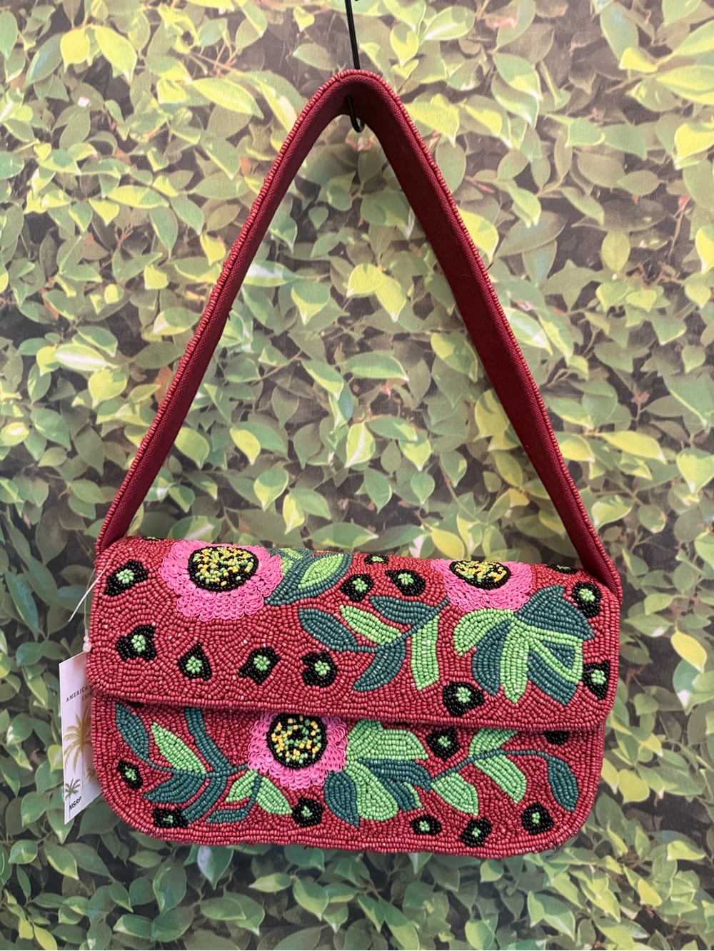 Hand-Beaded Floral Shoulder Bag in Pink